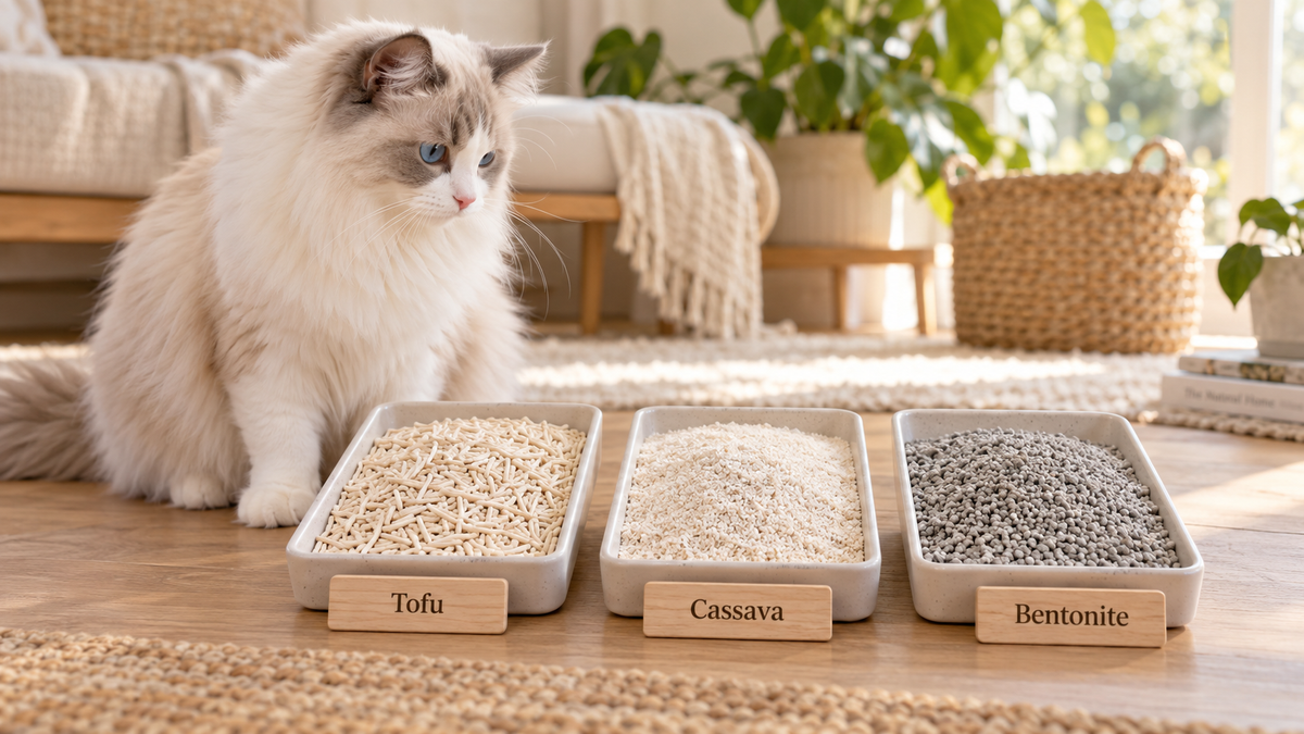 Ragdoll cat beside labelled samples of tofu pellets, cassava granules and bentonite cat litter in a warm, sunlit home