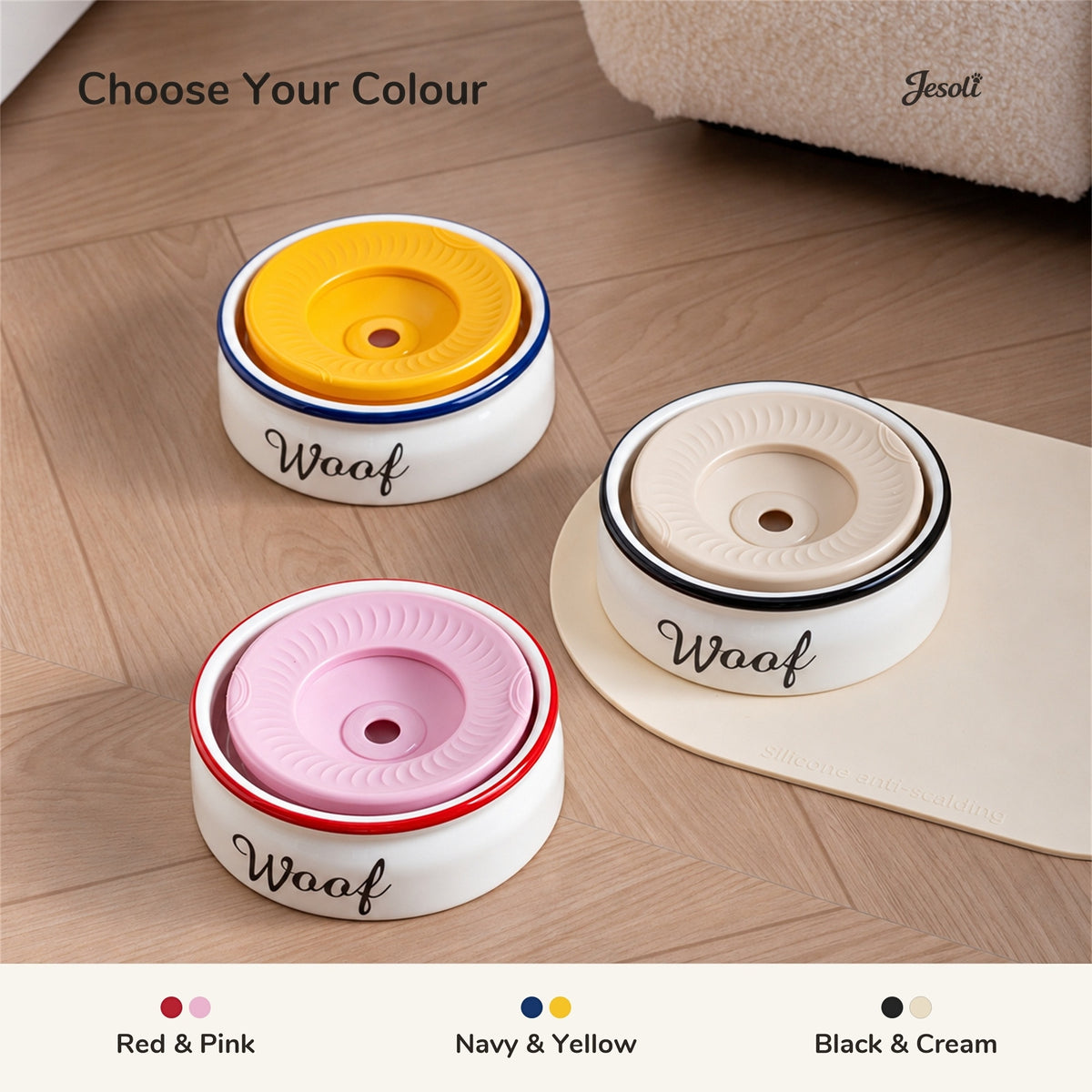 Jesoli Ceramic Anti-Splash Floating Disc Water Bowl – 550ml – 配色场景图_三款颜色组合
