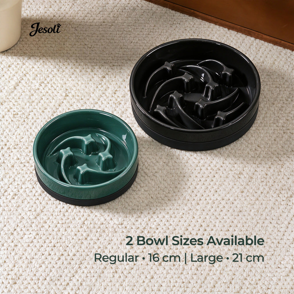 Jesoli Meteor Maze Ceramic Slow Feeder Bowl with Silicone Base – 尺寸对比图_小号16厘米与大号21厘米