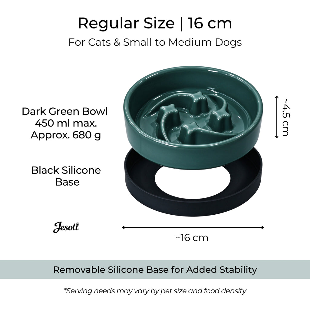 Jesoli Meteor Maze Ceramic Slow Feeder Bowl with Silicone Base – 尺寸容量图_小号16厘米_深绿色_450毫升