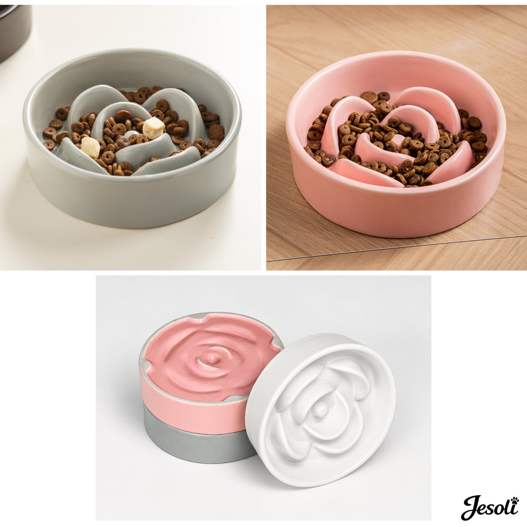 Jesoli Petal Maze Ceramic Slow Feeder Bowl – 细节场景图_装粮与碗底展示