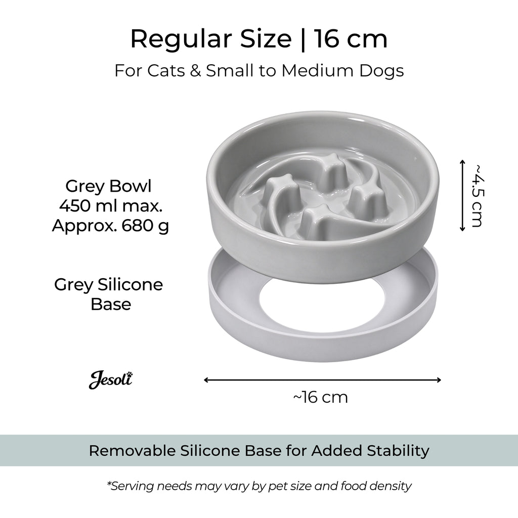 Jesoli Meteor Maze Ceramic Slow Feeder Bowl with Silicone Base – 尺寸容量图_小号16厘米_灰色_450毫升