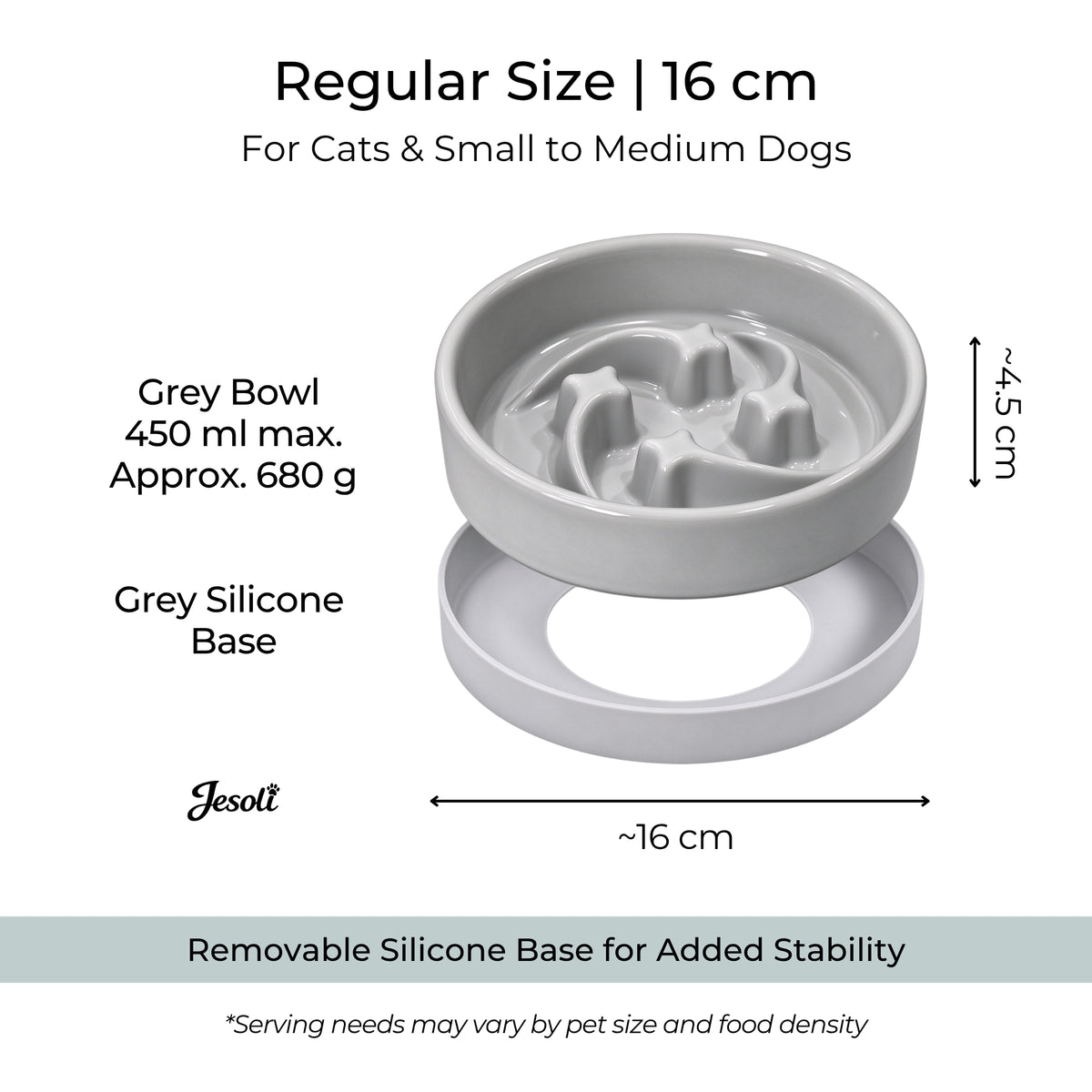 Jesoli Meteor Maze Ceramic Slow Feeder Bowl with Silicone Base – 尺寸容量图_小号16厘米_灰色_450毫升