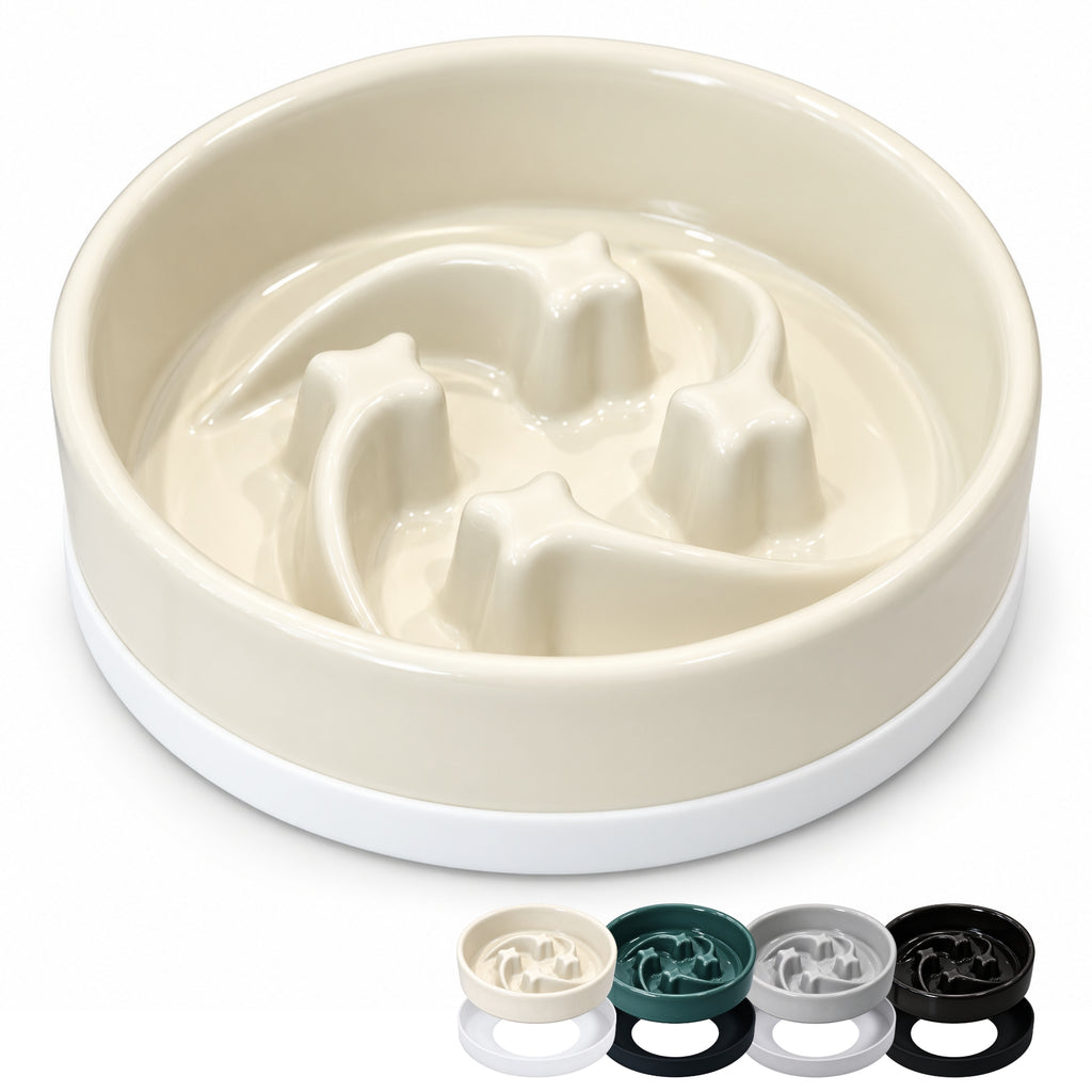 Jesoli Meteor Maze Ceramic Slow Feeder Bowl with Silicone Base – 小号16厘米 米白色