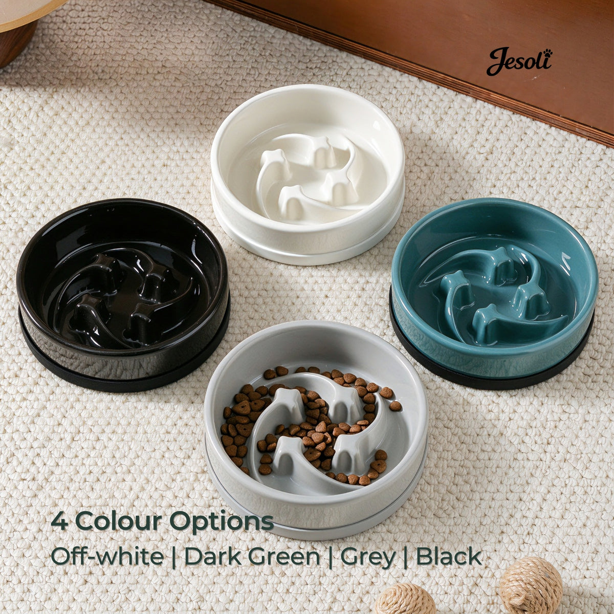 Jesoli Meteor Maze Ceramic Slow Feeder Bowl with Silicone Base – 配色场景图_米白色深绿色灰色黑色