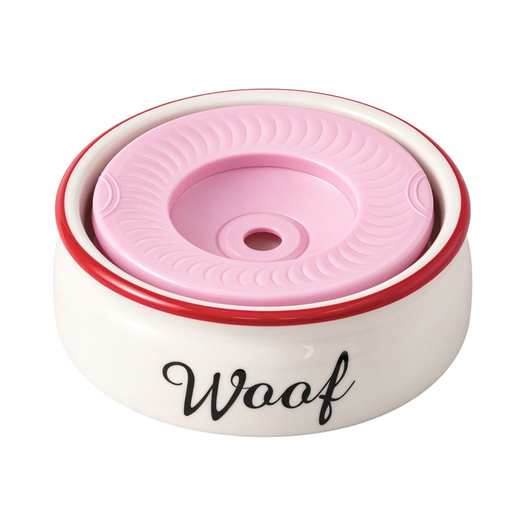 Jesoli Ceramic Anti-Splash Floating Disc Water Bowl – 550ml – 红色碗沿 粉色浮盘