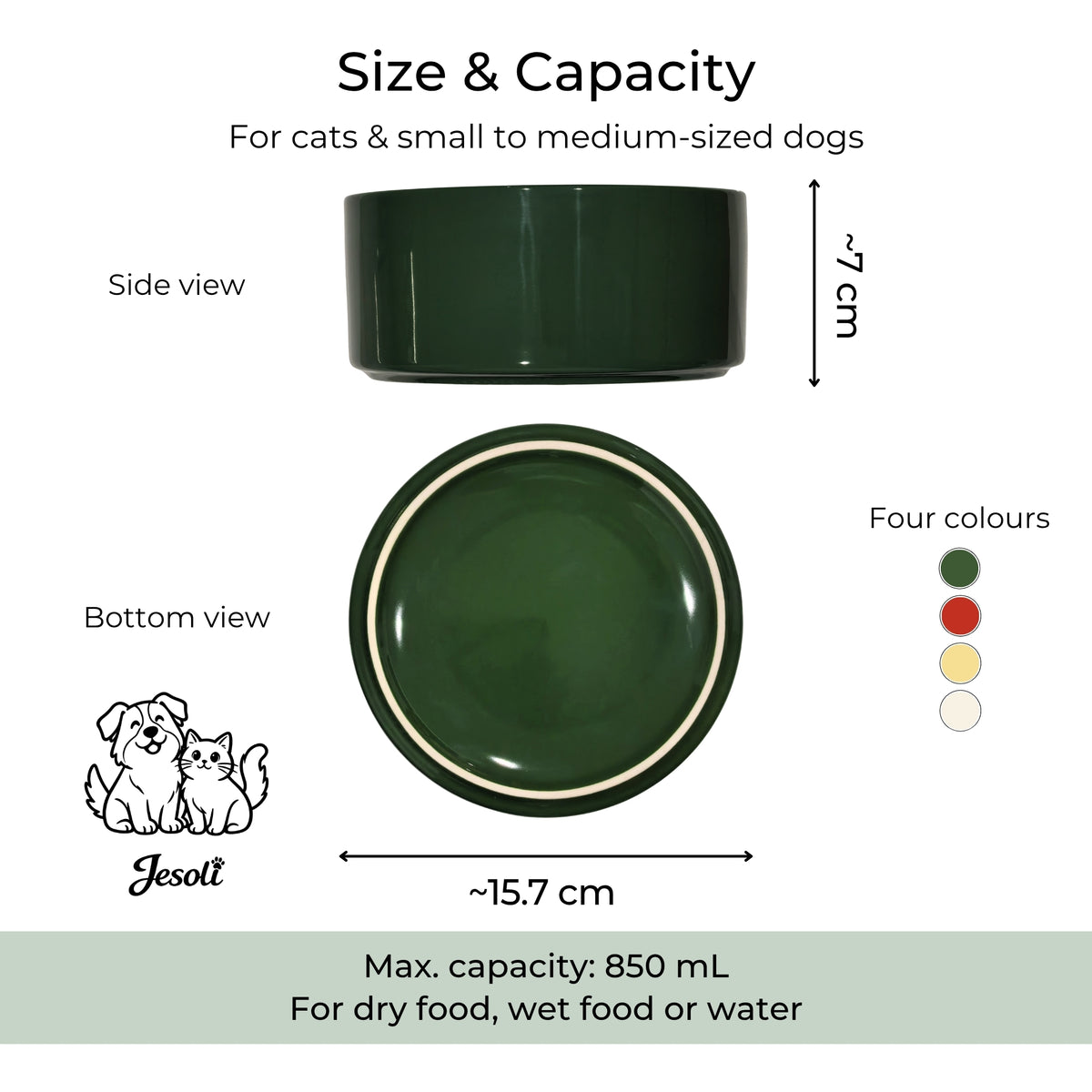 Jesoli Glossy Ceramic Pet Bowl – 850ml – 直径15.7厘米 850毫升