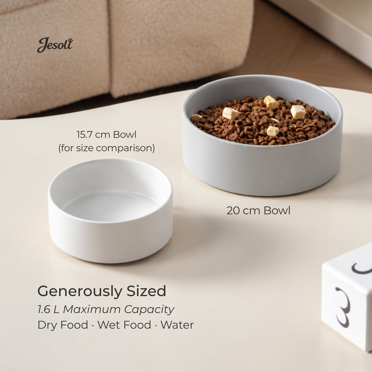Jesoli Essential Matte Ceramic Pet Bowl – 1.6L – 尺寸对比图_大号20厘米与常规15.7厘米