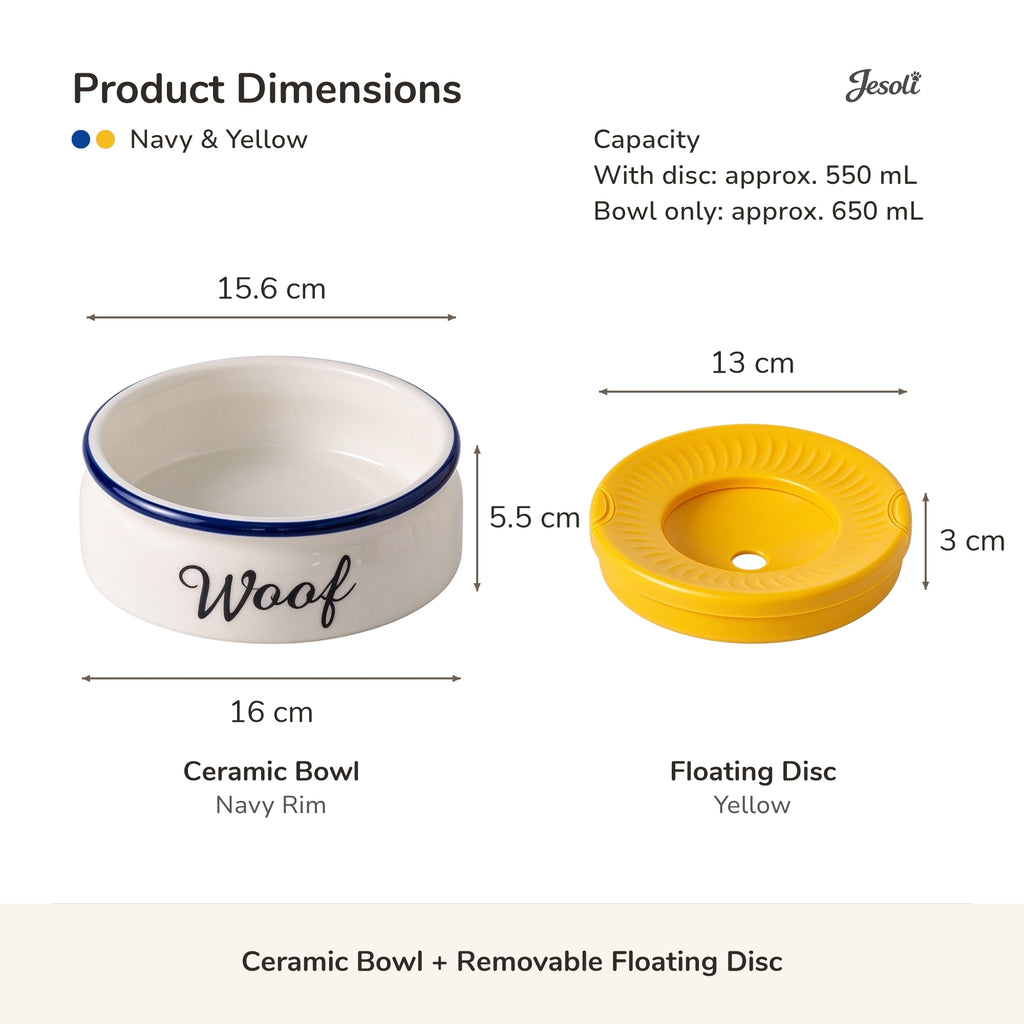 Jesoli Ceramic Anti-Splash Floating Disc Water Bowl – 550ml – 尺寸容量图_藏蓝与黄色_含浮盘550毫升