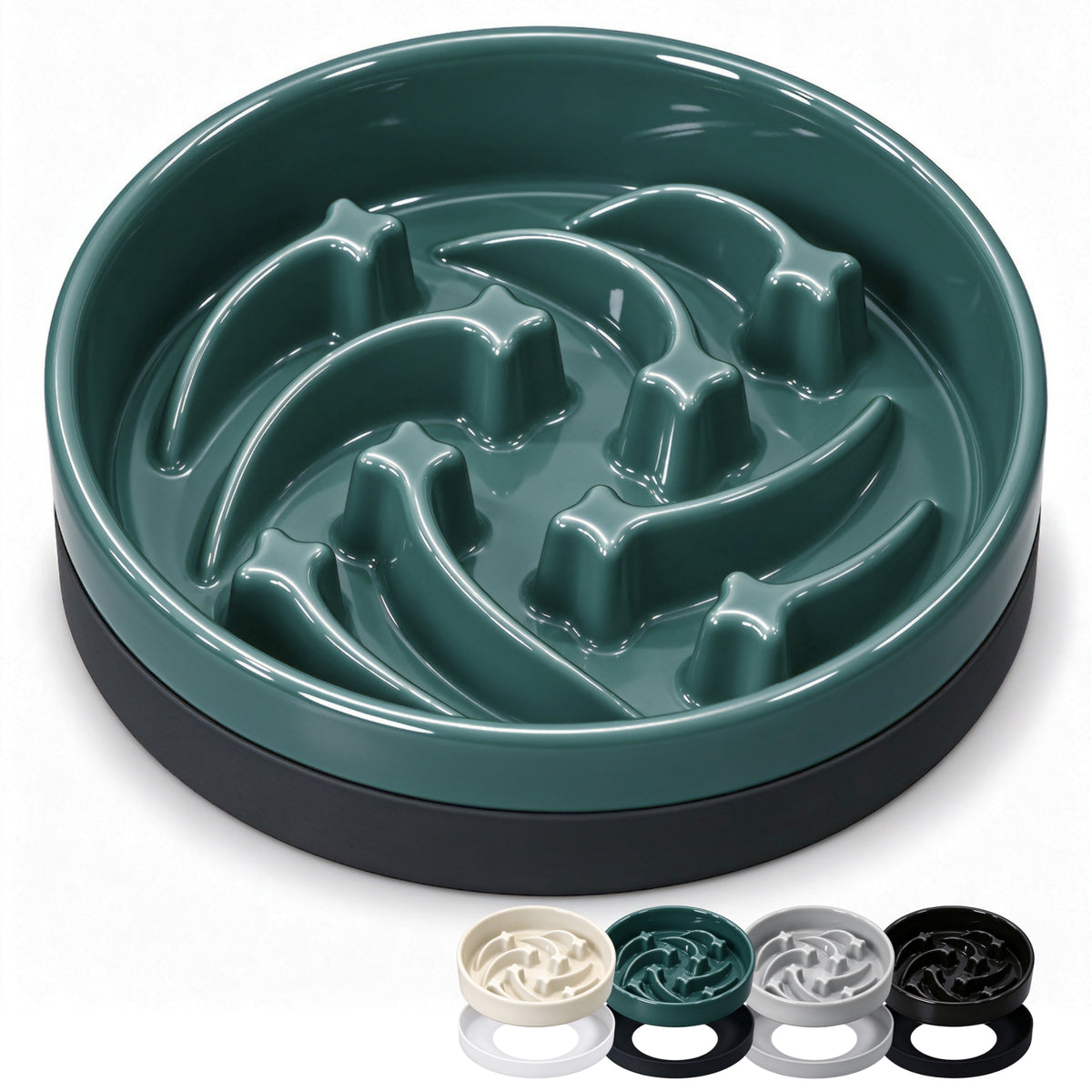 Jesoli Meteor Maze Ceramic Slow Feeder Bowl with Silicone Base – 大号21厘米 深绿色
