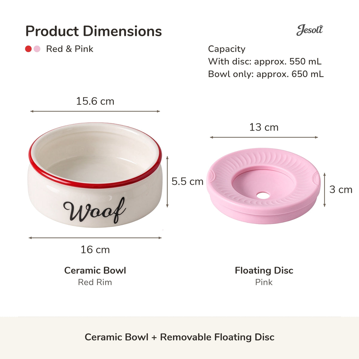 Jesoli Ceramic Anti-Splash Floating Disc Water Bowl – 550ml – 尺寸容量图_红色与粉色_含浮盘550毫升