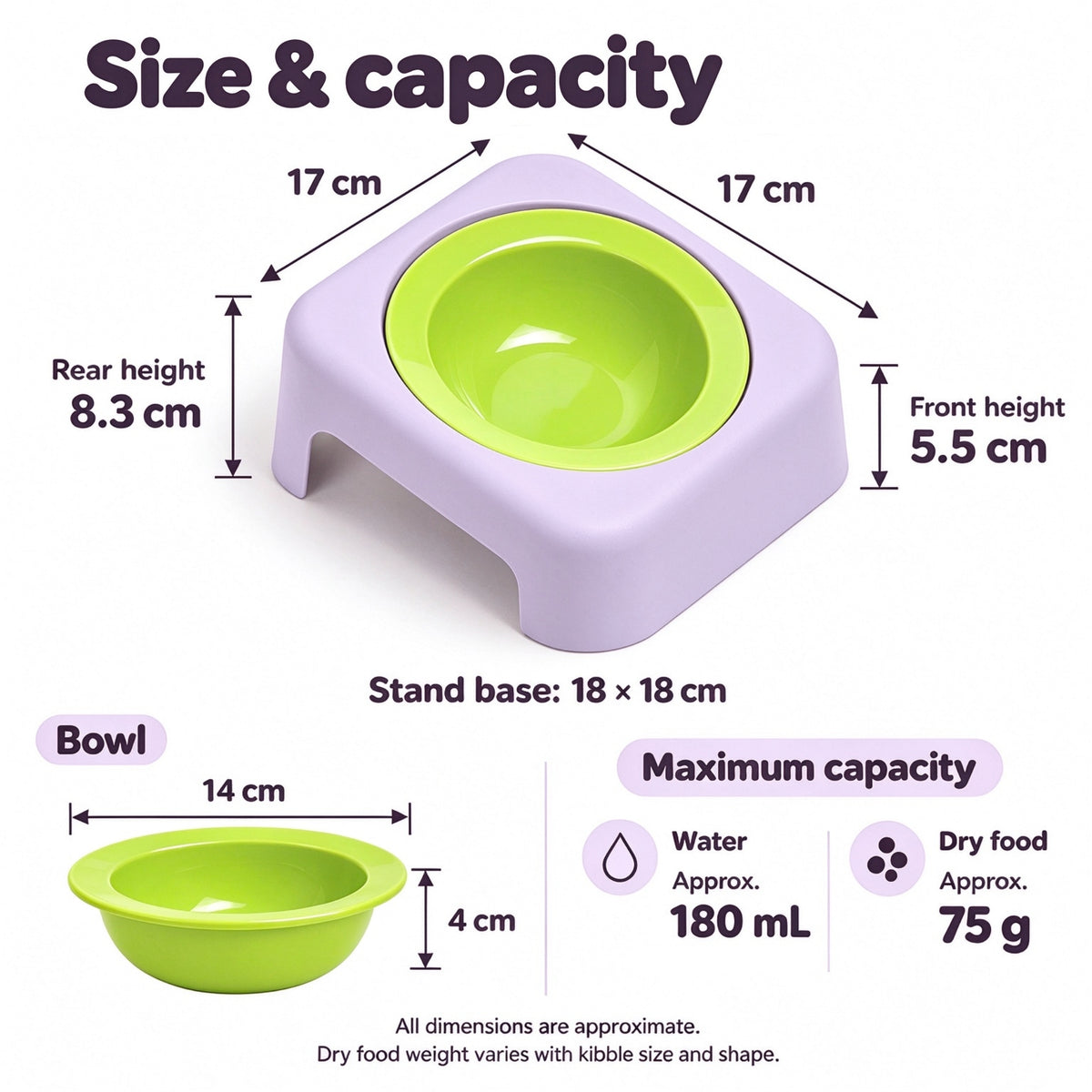 Jesoli Tilted Ceramic Pet Bowl with Stand – 180ml – 青柠绿碗 丁香紫底座 180毫升