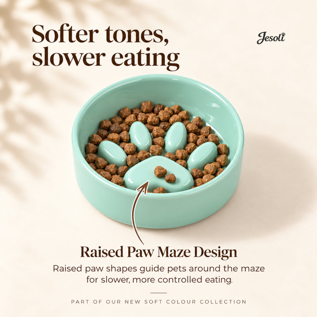 Jesoli Paw Ceramic Slow Feeder Bowl – Soft Colour Collection – 功能图_爪印迷宫慢食设计