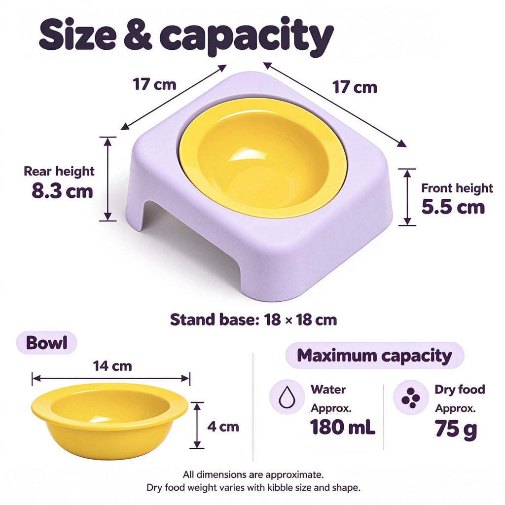 Jesoli Tilted Ceramic Pet Bowl with Stand – 180ml – 尺寸容量图_亮黄碗_丁香紫底座_180毫升