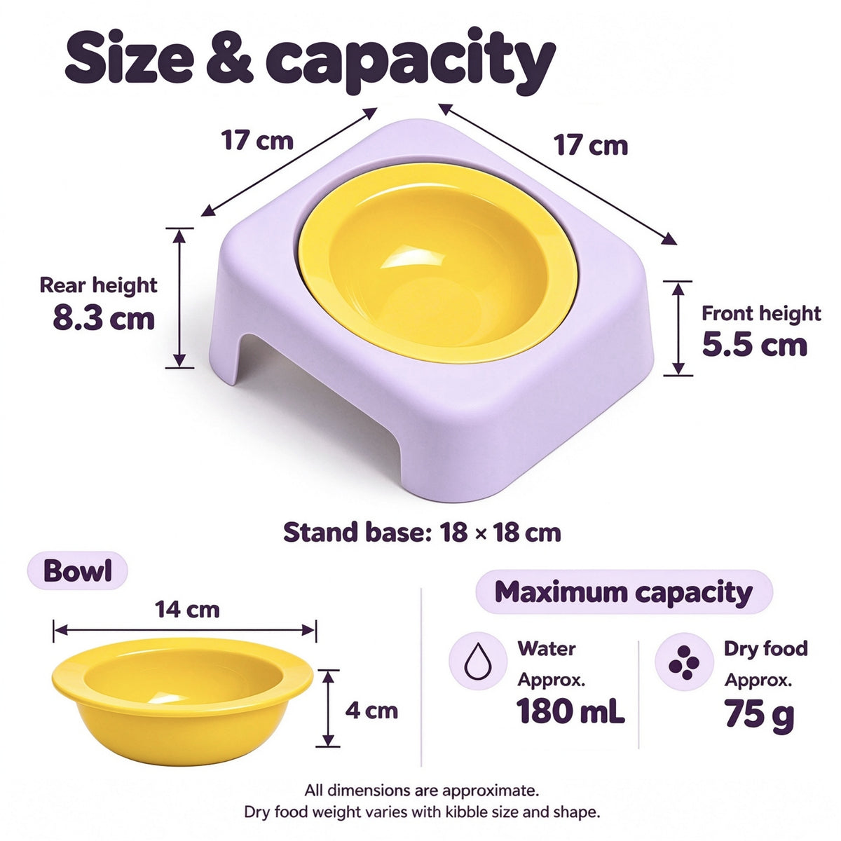Jesoli Tilted Ceramic Pet Bowl with Stand – 180ml – 尺寸容量图_亮黄碗_丁香紫底座_180毫升