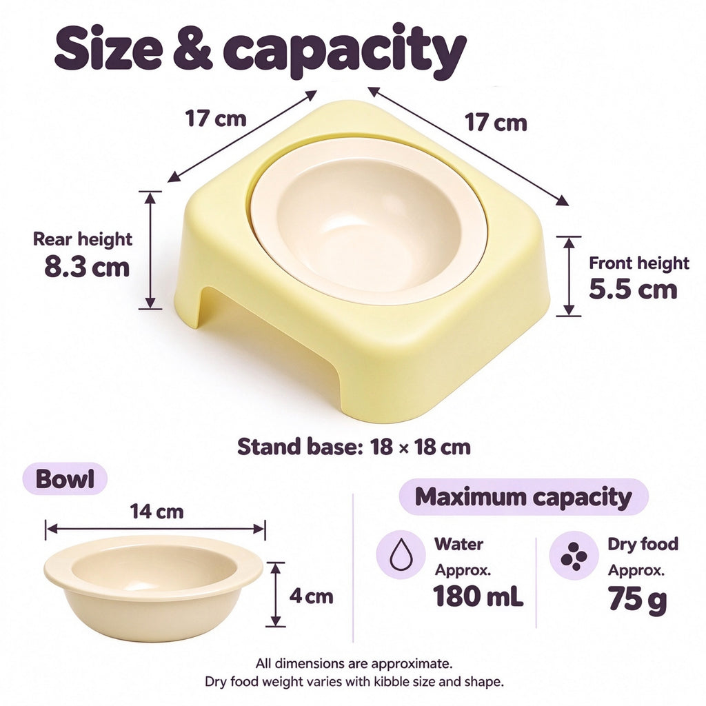 Jesoli Tilted Ceramic Pet Bowl with Stand – 180ml – 尺寸容量图_杏色碗_黄色底座_180毫升