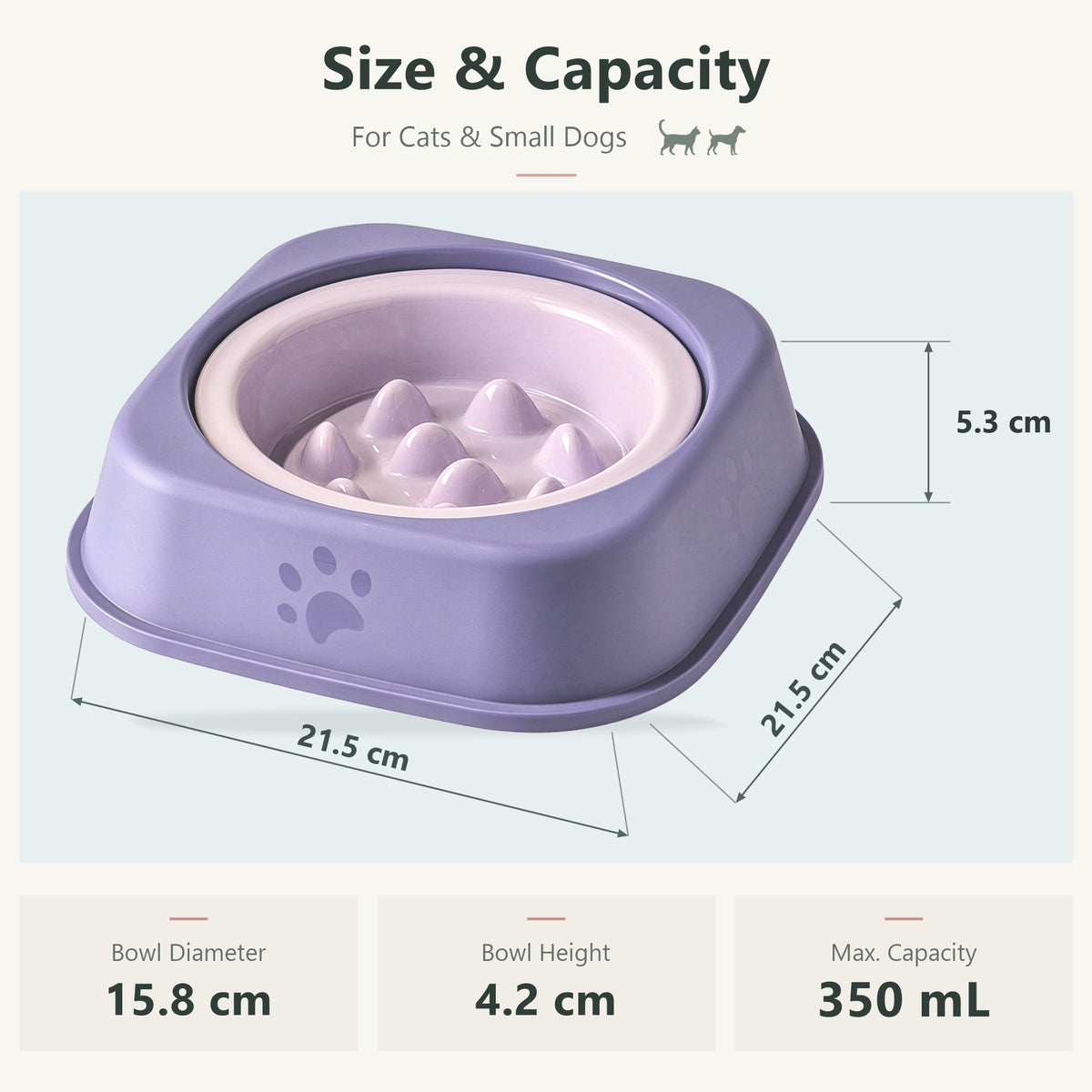 Jesoli Elevated Ceramic Slow Feeder Bowl – 350ml – 尺寸容量图_薰衣草紫底座_丁香紫碗_350毫升