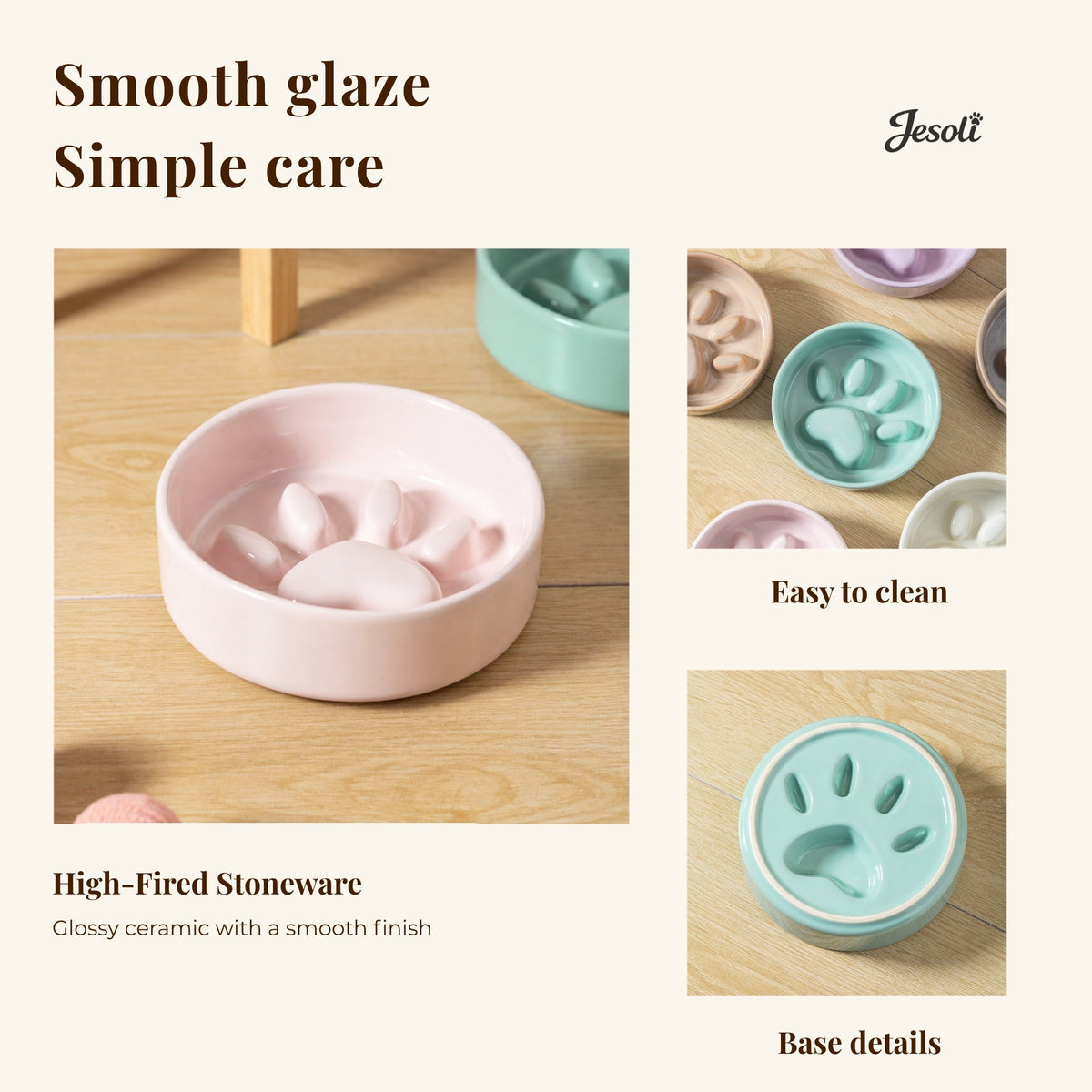 Jesoli Paw Ceramic Slow Feeder Bowl – Soft Colour Collection – 材质清洁图_亮釉表面与碗底细节