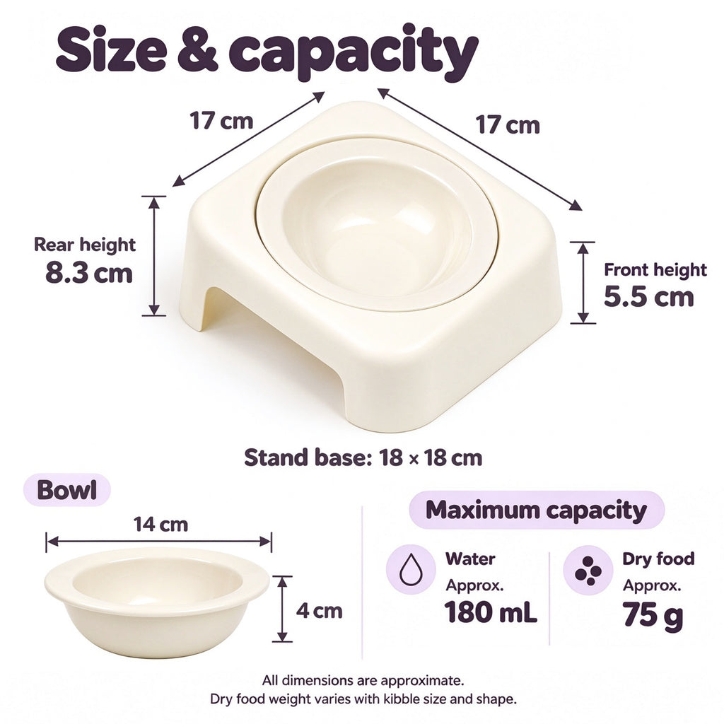Jesoli Tilted Ceramic Pet Bowl with Stand – 180ml – 尺寸容量图_象牙白碗_白色底座_180毫升