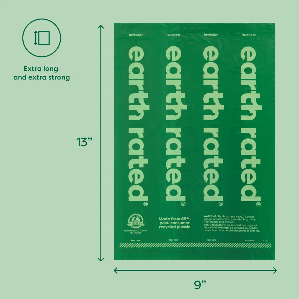 EARTH RATED  Unscented 65% Recycled Plastic Poo Bags 9''× 13''