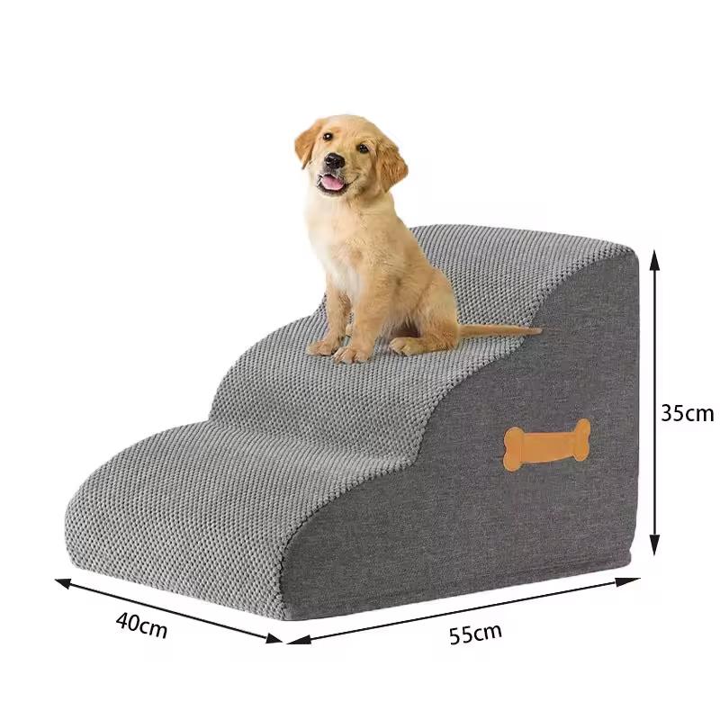 Grey foam pet stairs, 3 steps with dimensions